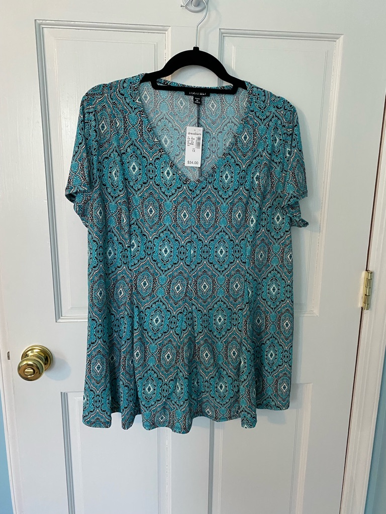 Dressbarn Teal Geometric V-Neck Short Sleeve Tunic